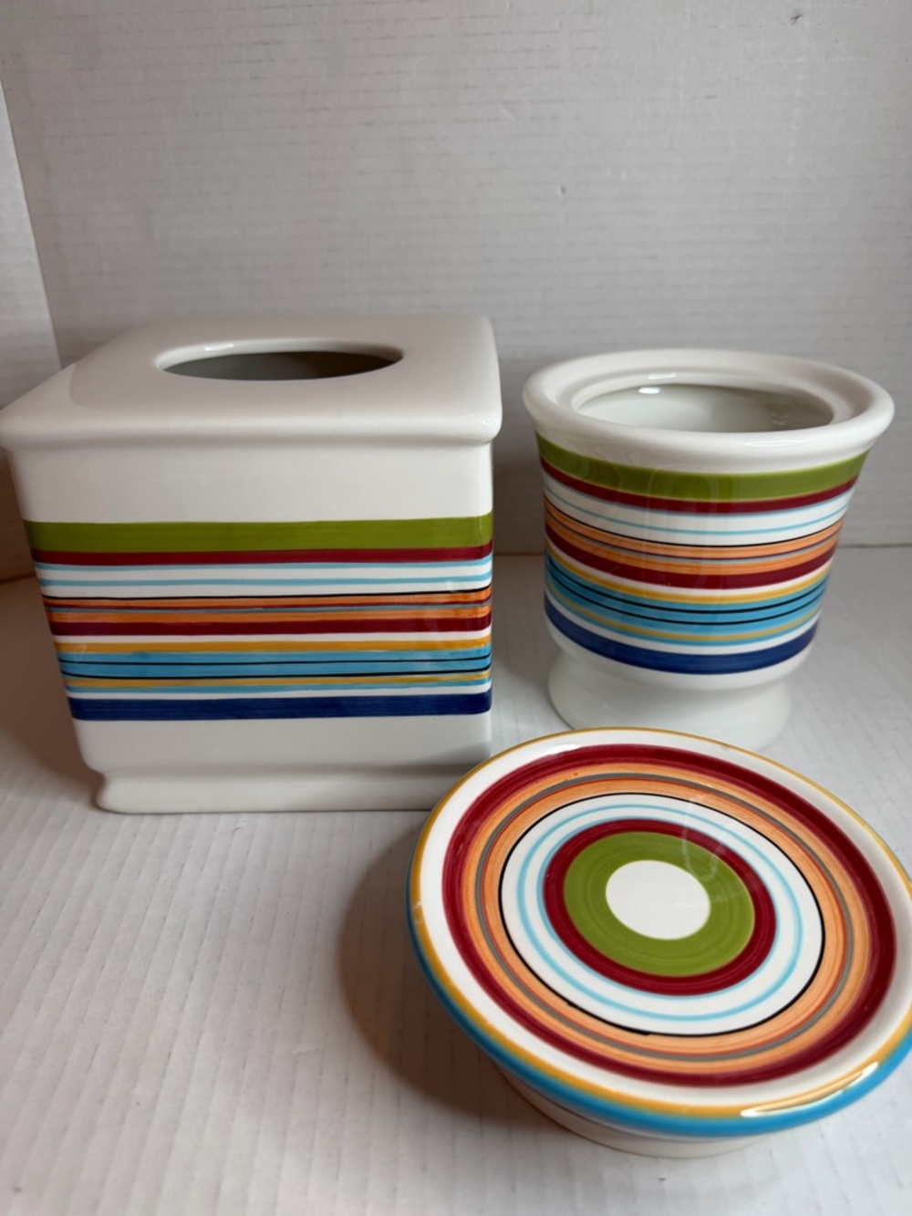 Pottery Barn Multicolor Ceramic Tissue cover Jar and soap dish Bath Decor